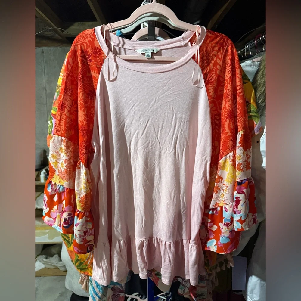 The Pioneer Woman Blush Pink Top with Colorful Floral Sleeves - Picture 1 of 6